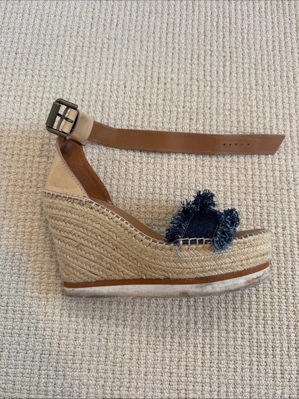 See by Chloé Denim Fringe Espadrille Wedges with Tan Ankle Strap